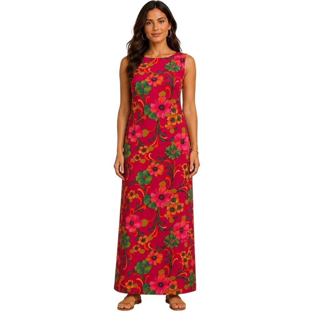 DayGlo 1960s Kamehameha Hawaii Barkcloth Floral Maxi Dress S Mod Psychedelic -
